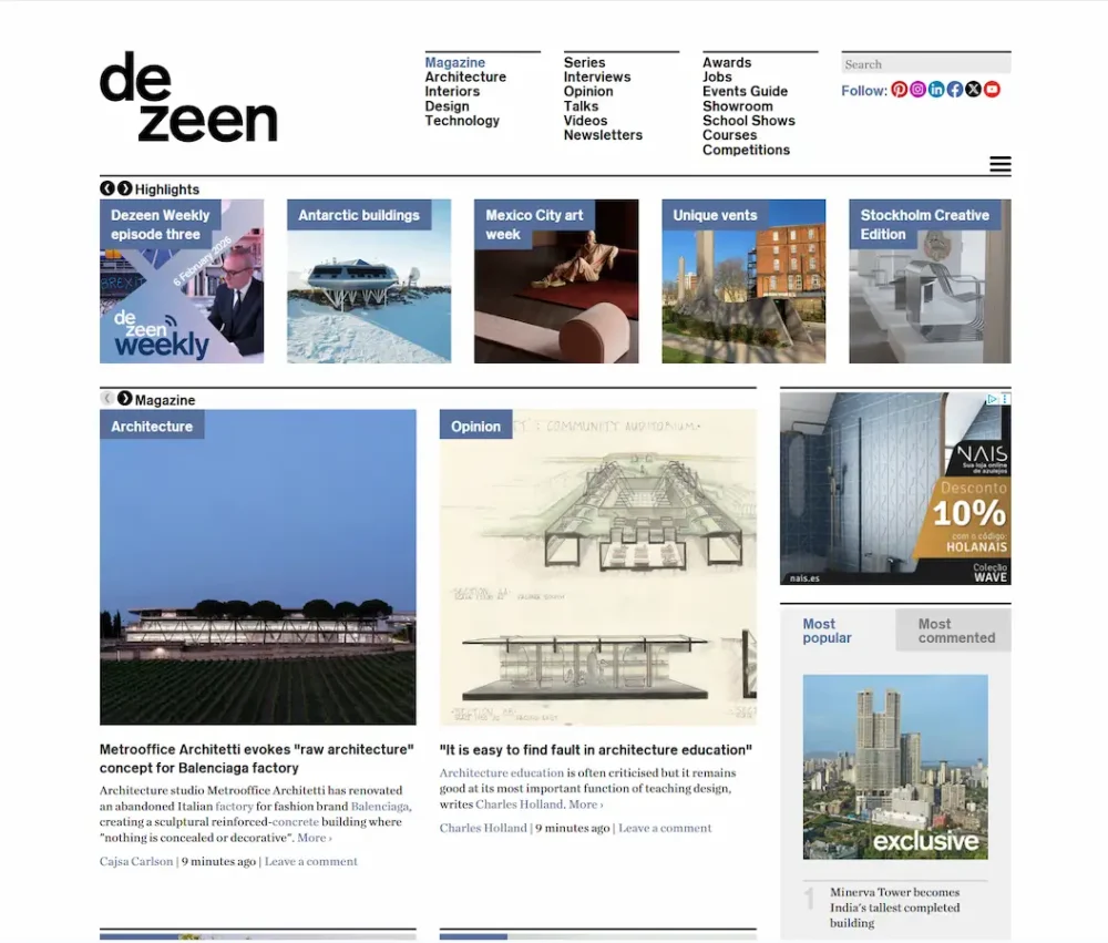 de zeen architecture platform landing page 