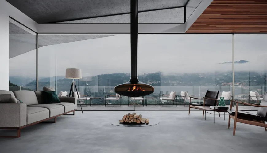 Sala de estar moderna com janelas do chão ao teto, oferecendo vista para um vale montanhoso encoberto por névoa. O design interior inclui um sofá cinza, uma poltrona de couro preta, e uma lareira suspensa preta no centro, com lenha no chão de cimento polido.