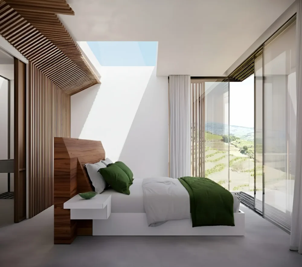 Renderização interior de um quarto moderno e minimalista com vista para a paisagem.