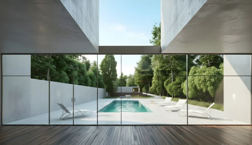 PT: Sala minimalista com vista piscina, moradia na Madalena, Gaia.EN: Minimalist living room with pool view, modern villa in Madalena, Gaia.