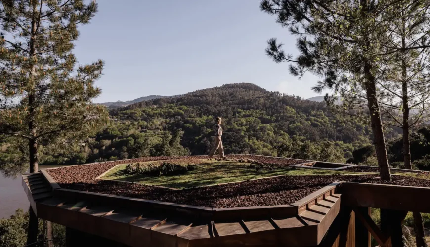 Uma pessoa a caminhar sobre o telhado verde e plano do edifício, que se mistura com a paisagem natural circundante. O fundo mostra uma grande colina arborizada sob um céu azul.