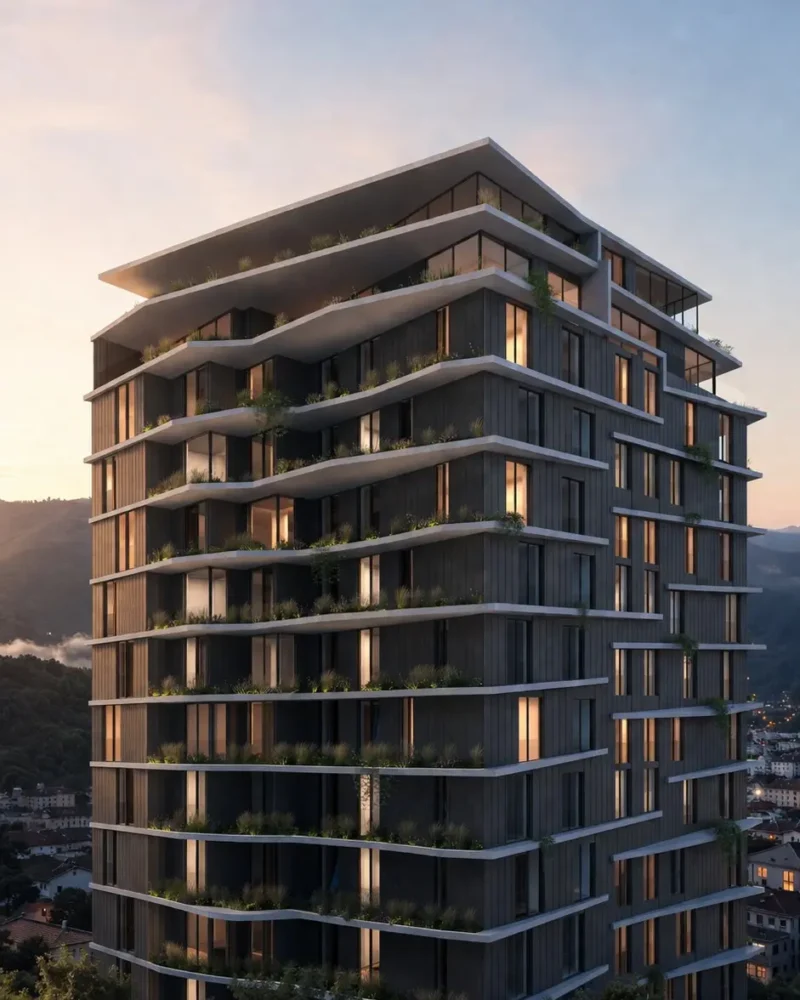 Green View Tower in Covilhã, showcasing deep overhangs designed to provide shade and balance interior building temperatures