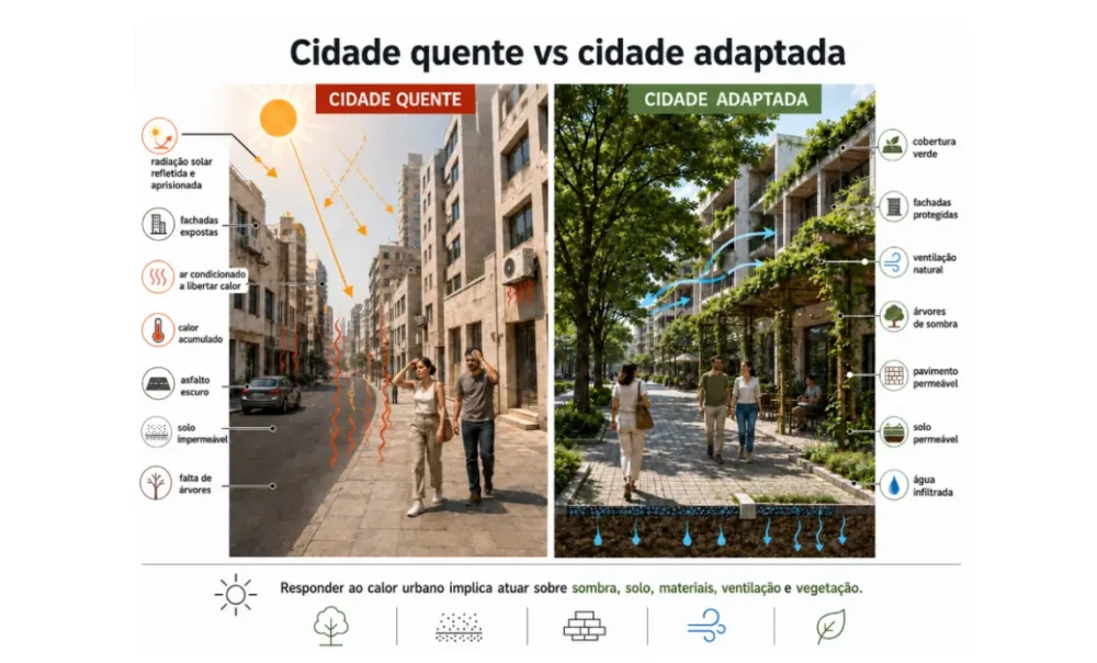 Comparative graphic between an un-planned city facing extreme heat and an adapted city implementing climate mitigation measures